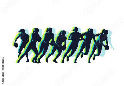 Dynamic Silhouettes of Female Rugby Players in Motion with Chromatic Aberration Effect