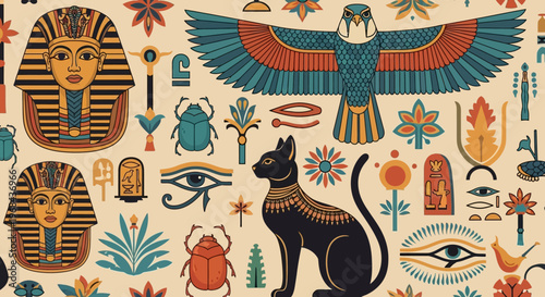 Ancient Egyptian Symbols and Icons Seamless Pattern with Pharaoh Mask, Horus Falcon, Bastet Cat, Scarab, and Eye of Horus. Vintage Mythology Vector Illustration.