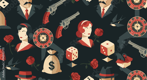 Vintage Mafia and Gambling Seamless Pattern with Gangsters, Femme Fatales, Revolvers, and Roulette Wheels in Retro Noir Style