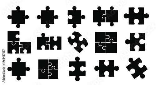 Assorted black puzzle pieces arranged randomly a striking silhouette
