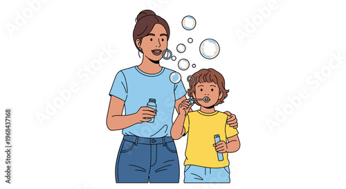 Mother and son blowing bubbles together outdoors happily
