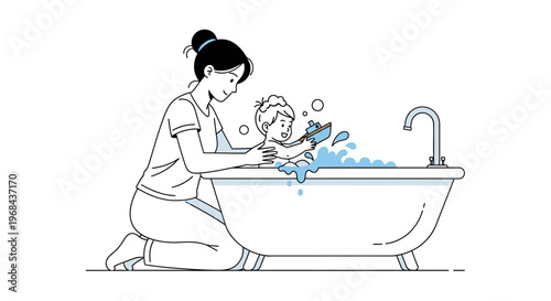 Mother washing baby in bathtub, illustration of parent and child