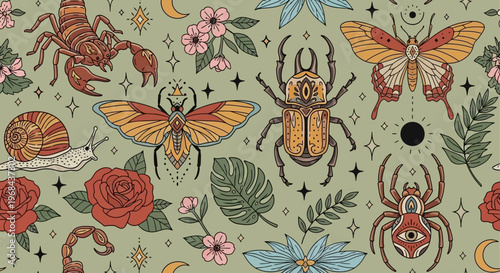 Mystical Insects and Floral Seamless Pattern with Moth, Beetle, Scorpion, Spider and Roses in Neo-Traditional Tattoo Style