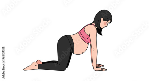 Pregnant woman in all fours yoga pose on white background