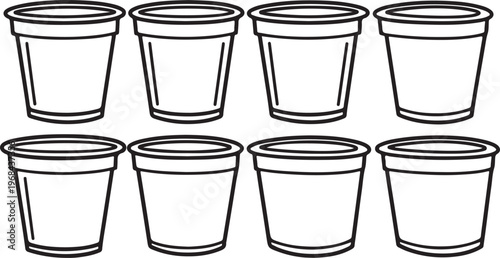 A series of white cylindrical containers with black lids and striped patterns Vector