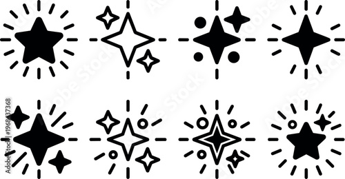 Black and white star sparkle icons set with shining rays and dots