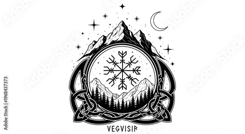Norse Vegvisir Viking Compass Symbol with Mountain Landscape and Celtic Knotwork, Black and White Mystical Wayfinder Illustration