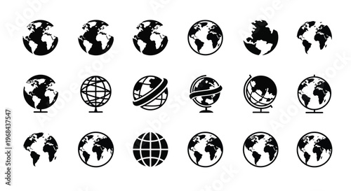 Collection of black globe icons featuring a distinctive world silhouette