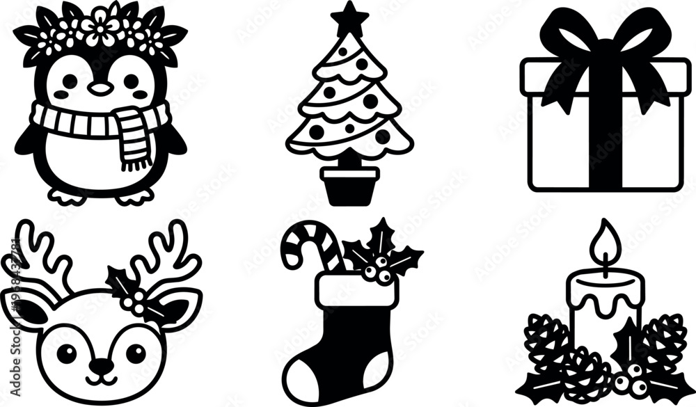 Fototapeta premium Black and white christmas icons with penguin reindeer tree gift candle and stocking
