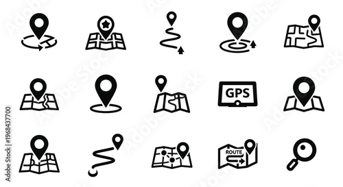 Black icons depicting location pins and maps in a simple silhouette