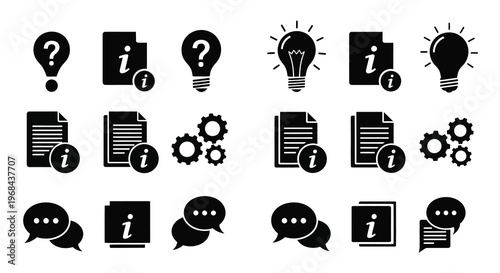 Black icon set representing ideas information and problem solving silhouette