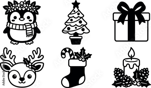 Black and white christmas icons with penguin reindeer tree gift candle and stocking
