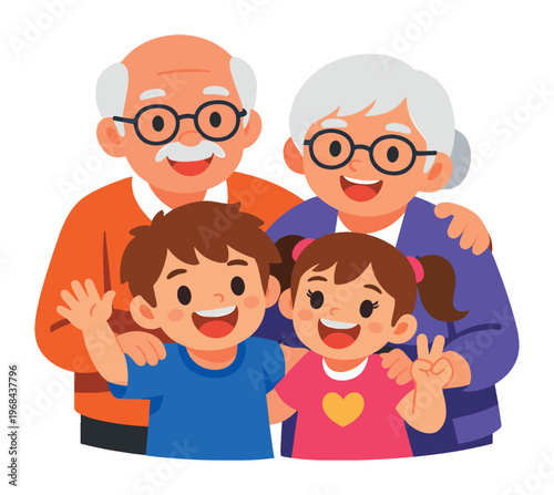 Grandparents embracing their young grandchildren, a boy and a girl, smiling happily and creating a heartwarming family moment