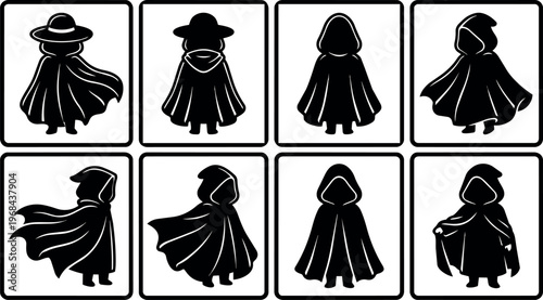 Black silhouette cloaked mysterious figures with hats and hoods standing and flowing cloaks
