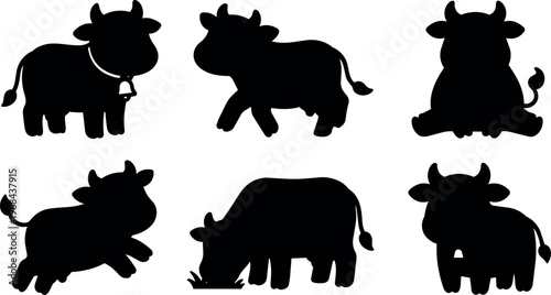 Black silhouette vector art of six cute cows in various poses