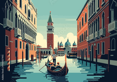 Vector Illustration of a Gondola on a Canal in Venice, Italy, Featuring Historic Architecture and St. Mark's Campanile in a Retro Flat Design Style