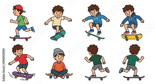 Diverse group of boys enjoying skateboarding and scooter activities