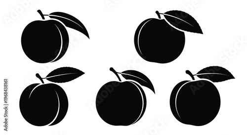 Five black silhouettes of peaches with leaves a simple fruit illustration silhouette
