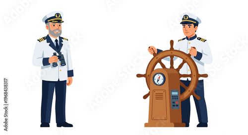 Two nautical officers a captain with binoculars and a helmsman at the wheel