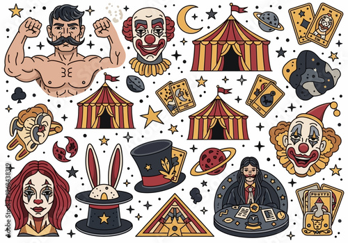 Vintage Circus and Carnival Tattoo Style Illustration Set with Strongman, Clowns, and Tarot