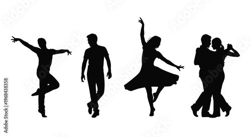 Elegant ballroom dancers pose in a dynamic black silhouette