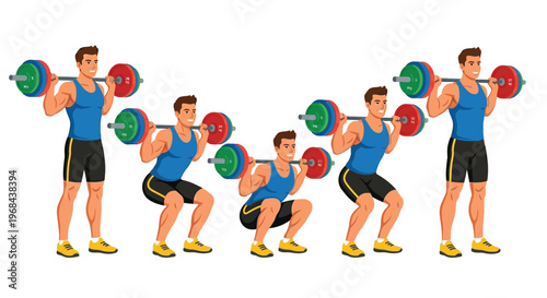 Illustration of a man performing a barbell squat exercise in multiple stages