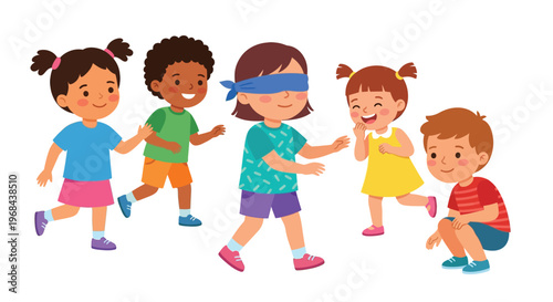 Children playing a game of blind man s bluff outdoors on a sunny day