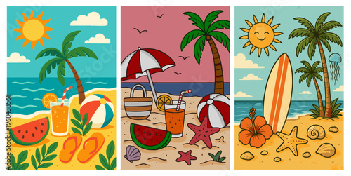 Summer beach vacation banners with palm trees, surfboards and sun