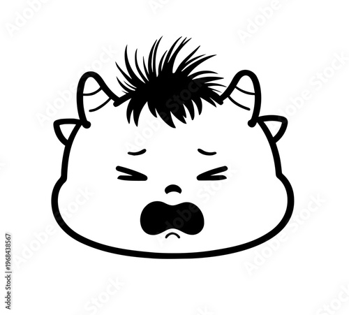Crying baby monster face icon with tears, sad expression, simple black and white illustration