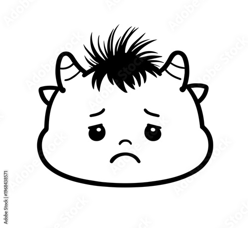 Sad baby monster face icon, disappointed expression, simple black and white illustration