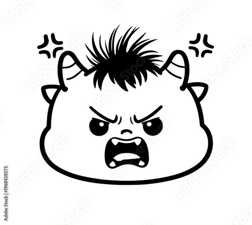 Angry baby monster face icon, furious expression, simple black and white illustration
