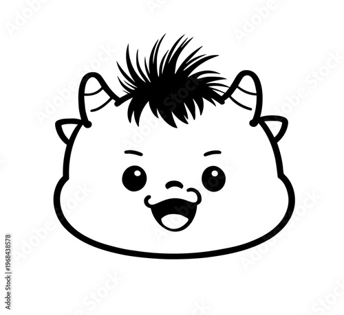 Cute baby monster face icon smiling, simple black and white illustration
