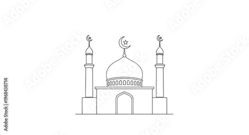 Mosque, Islamic architecture, minimalist line drawing, religious building, simple illustration