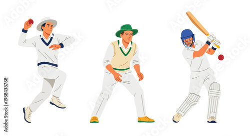 Three cricket players in action a bowler fielder and batsman