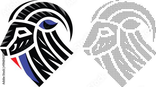 Stylized black ram head with blue eye and dot pattern lion head
