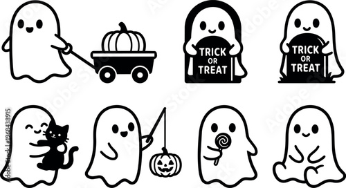 Cute black and white ghost carrying pumpkin wagon and trick or treat signs halloween vector art