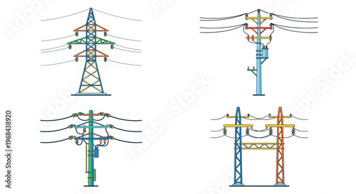 Illustration of various high voltage power transmission line towers