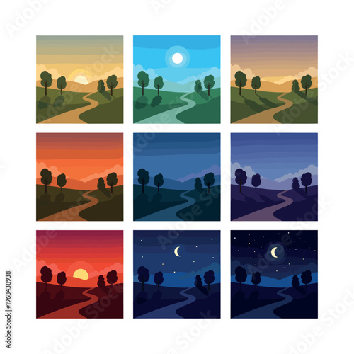 Landscape panels showing the progression of time through a daily cycle. The sun rises and sets, transitioning to a moonlit night
