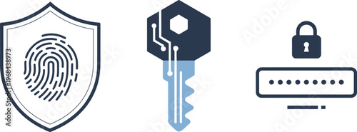 Cybersecurity icons vector set, minimalist black and white vector collection of three security symbols including shield, padlock, and firewall for tech and cyber protection graphics.