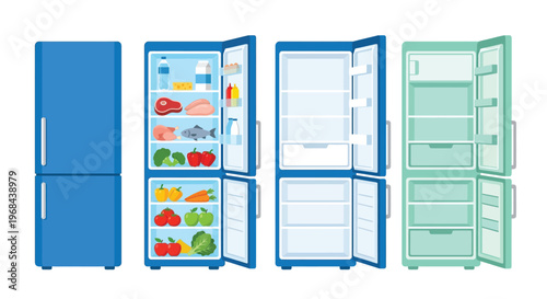 Three colorful refrigerators with open doors displaying various food items