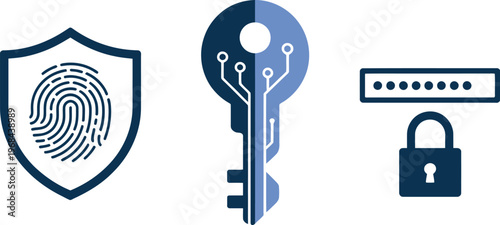 Cybersecurity icons vector set, minimalist black and white vector collection of three security symbols including shield, padlock, and firewall for tech and cyber protection graphics.