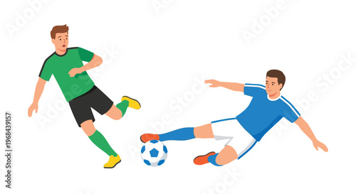 Two soccer players in action one attempting a tackle the other dodging