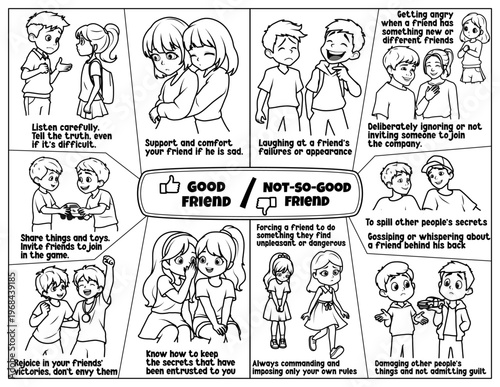 Good vs bad friend behavior activity sheet for kids. Educational coloring page with children characters showing healthy and unhealthy friendship scenarios