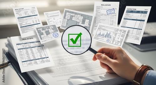 A person examining documents with a magnifying glass and verifying information