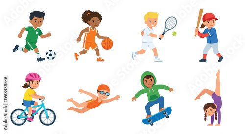 Diverse children engaging in various athletic and recreational activities