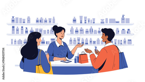 Friendly female pharmacist assisting customers at a drugstore counter with shelves full of medical products behind.