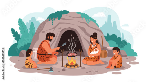 Prehistoric caveman family gathering around a campfire to cook meat in front of their rocky cave dwelling in nature.
