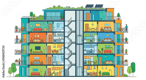 Colorful apartment building cutaway illustration showcasing interior room details