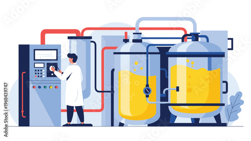 Dedicated male scientist in a white lab coat monitoring chemical production inside large industrial processing tanks.