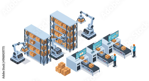 Isometric illustration of a modern automated warehouse with robots, conveyor belts, and human workers overseeing efficient logistics operations and smart factory processes